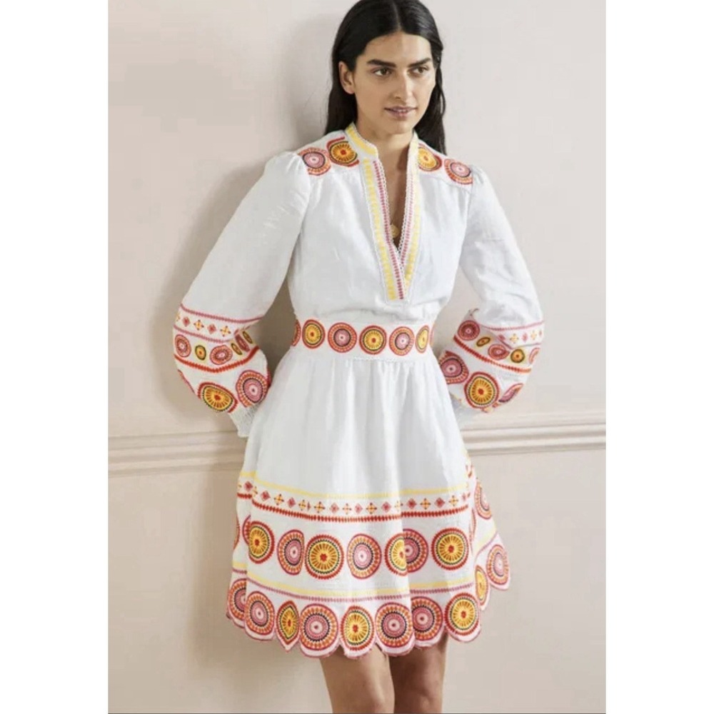 Boden White Embroidered Circle-Print Mini Dress with Yellow & Pink Accents